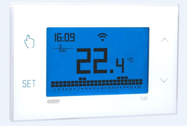 VEMER Serie TUO - Cronotermostato Digitale - WiFi - Settimanale - 230Vac- Touch - Parete - Bianco